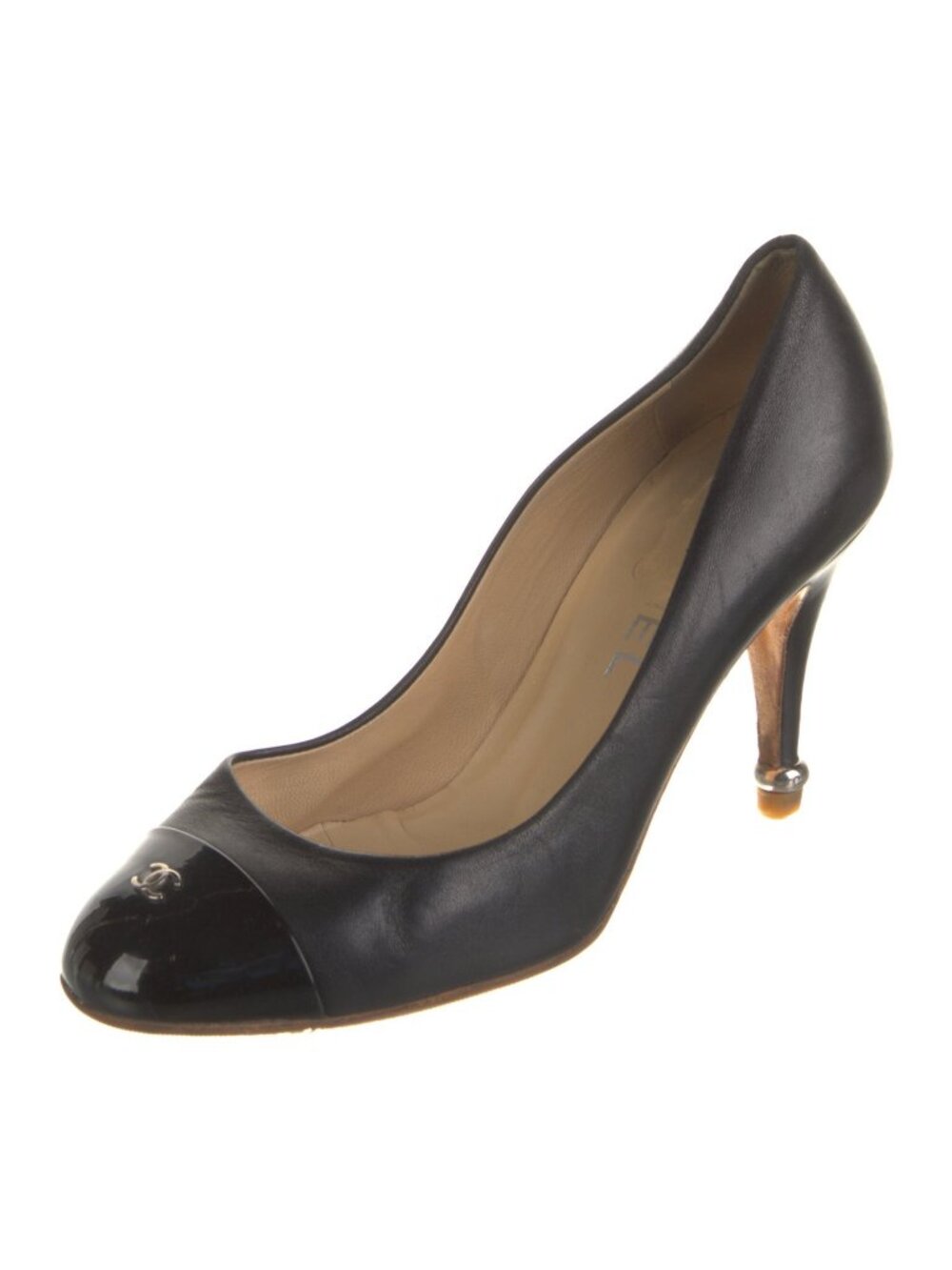 CHANEL Black Leather Cap Toe CC Logo Vintage Pumps